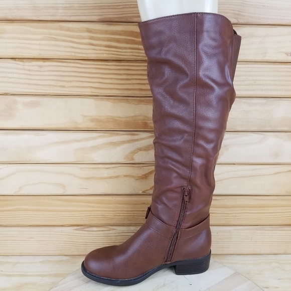 Apt 9 Knee High IRENE Fashion Boots Brown Cognac Faux Leather 1/4 Zip Women's 7W - Picture 8 of 12